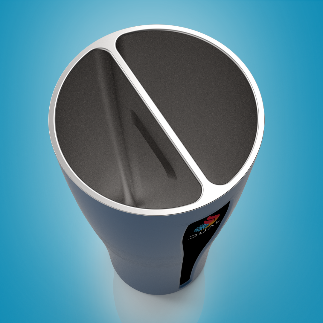 Blue cup with two compartments on a blue background