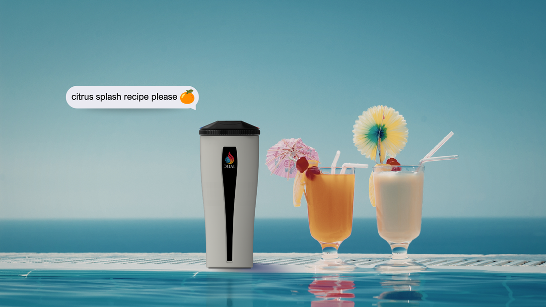 Dual Tumbler next to 2 fruity drinks. "Citrus Splash recipe please"
