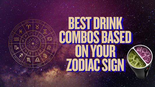 A double-sided tumbler with two different drinks, a zodiac symbol, and the title 'Best Drink Combos Based on Your Zodiac Sign' over a galaxy background  