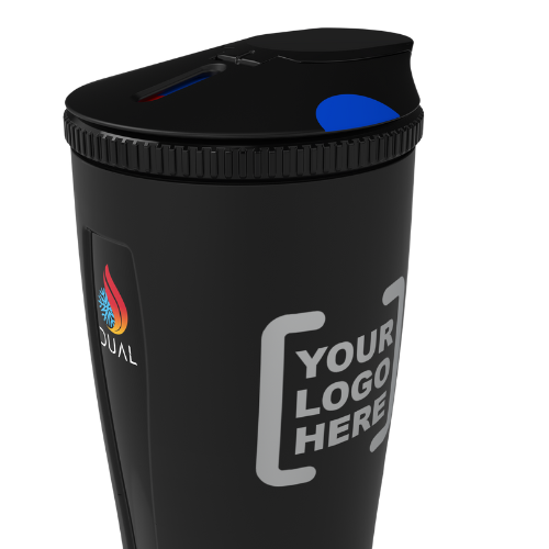 Close-up of a black Dual Tumbler featuring a customizable logo space for business branding. The tumbler showcases Dual Drinks’ patented dual-chamber lid design that allows two beverages in one, making it the perfect promotional product or corporate gifting item.