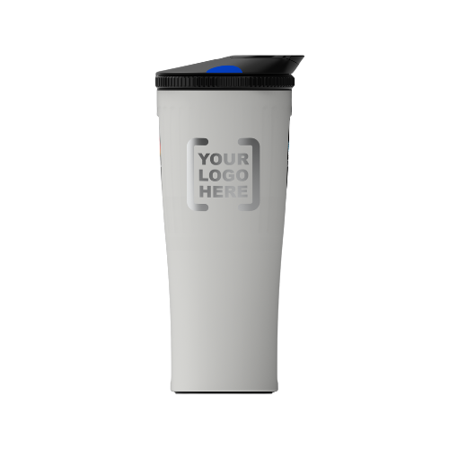 Front view of a white Dual Tumbler with space for a custom logo, featuring Dual Drinks’ innovative two-chamber design that keeps beverages hot and cold at once. Perfect for corporate gifting, branded merchandise, and promotional events.