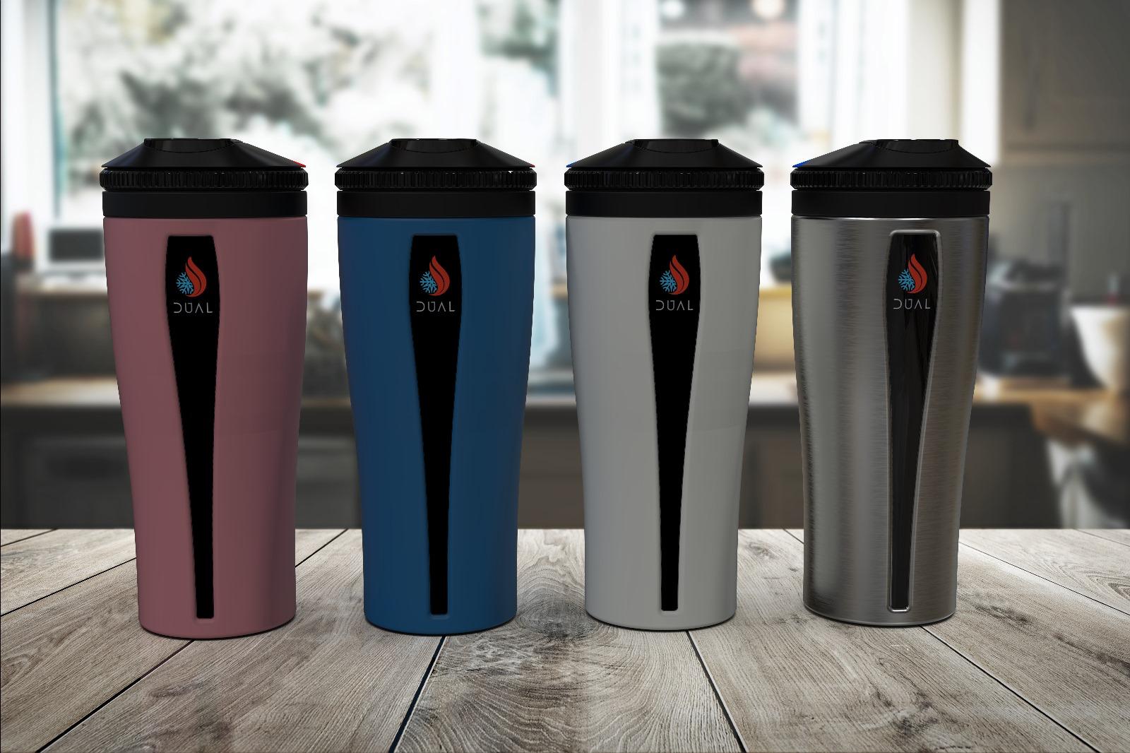 Dual Tumbler collection in all available colors: pink, white, silver, and blue, showcasing innovative two-chamber design for hot and cold beverages. Double sided water bottle. Dual cup