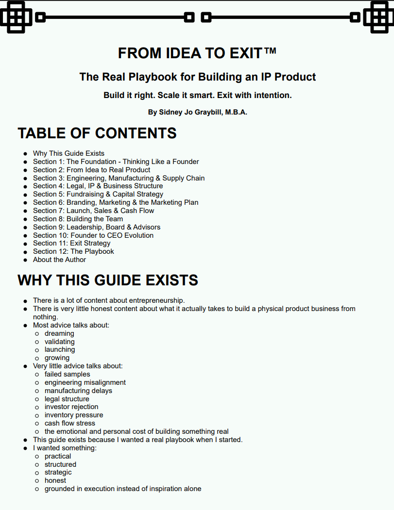 Table of contents for a guide titled 'From Idea to Exit' by Sidney Jo Graybill, M.B.A.