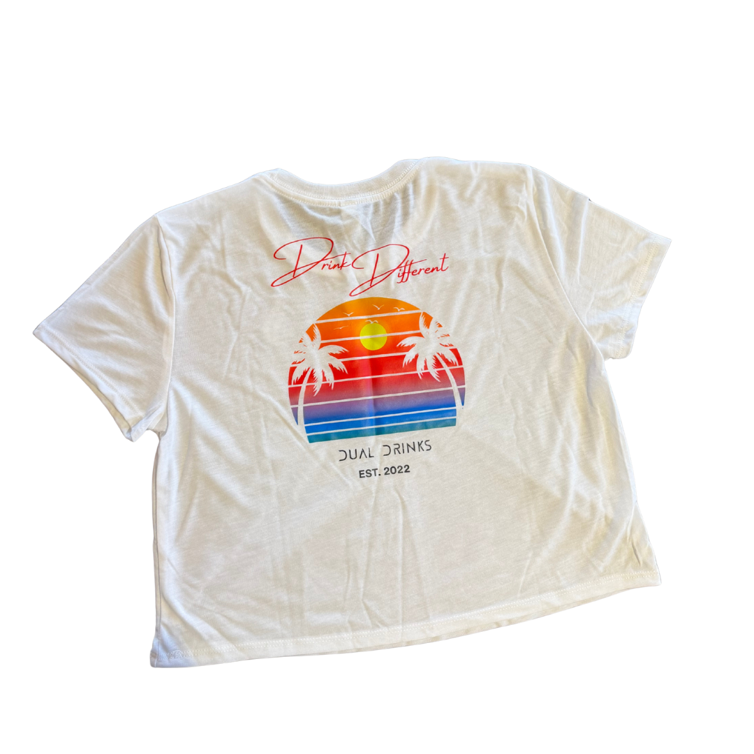 White t-shirt with colorful graphic and text on a white background