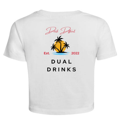 A white short-sleeved t-shirt with 'Dual Drinks' text and an illustration of a palm tree on the front.