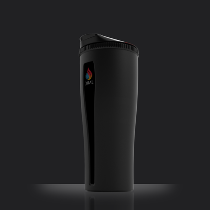 Black tumbler with a logo on a dark background