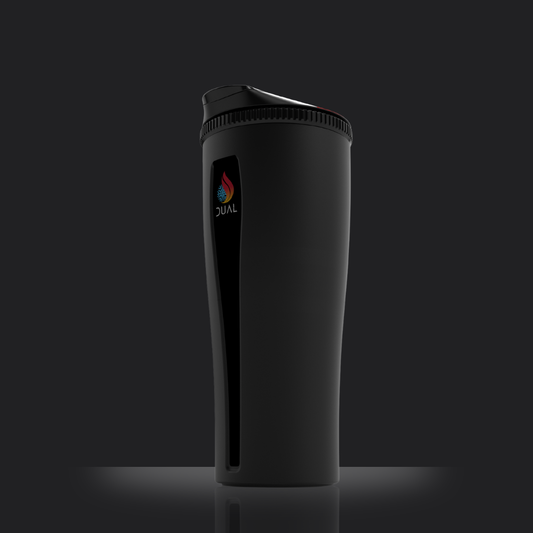 Black tumbler with a logo on a dark background