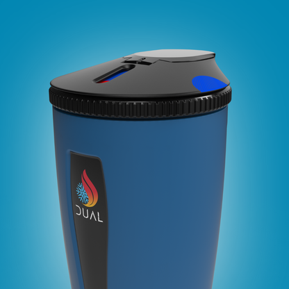 Blue travel mug with black lid on a blue background