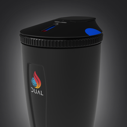 Black travel mug with a brand logo on a dark background