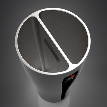 Black double-sided cup with a prominent logo on a dark background
