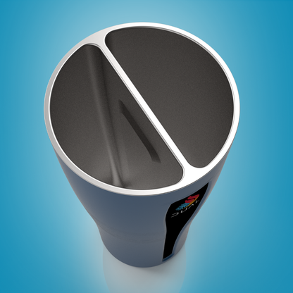 Blue cup with two compartments on a blue background
