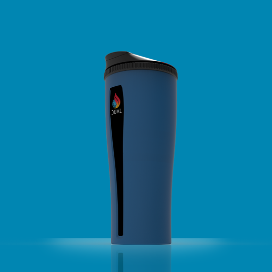 Blue tumbler with a black lid on a blue background