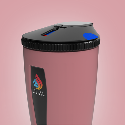 Pink travel mug with black lid and Dual logo on a pink background