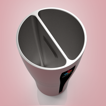 Pink double-sided cup with a colorful logo on a pink background