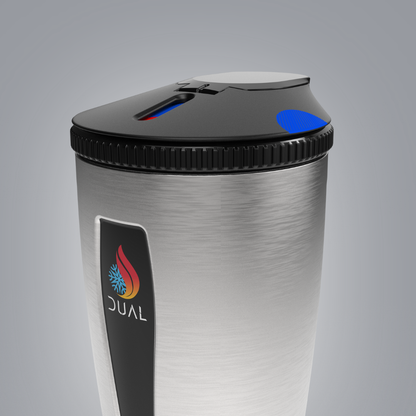 Stainless steel travel mug with black lid featuring a brand logo on a gray background