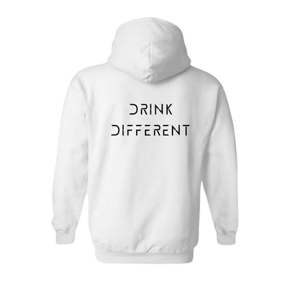 White hoodie with "drink different" written on the back.
