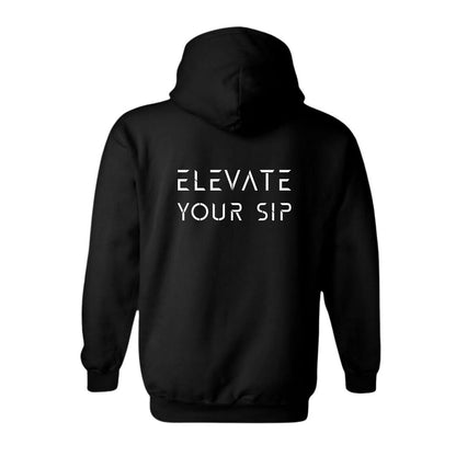 Black hoodie with the writing 'Elevate your sip" on a white background