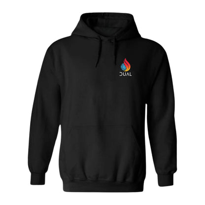 Black hoodie with Dual logo on white background 