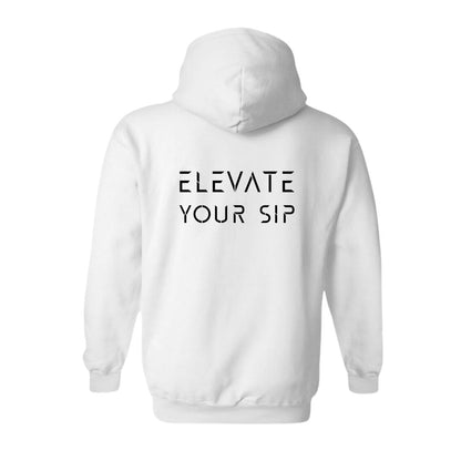 White hoodie with the writing "Elevate your sip" on a white background
