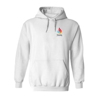 White sweater with the Dual logo