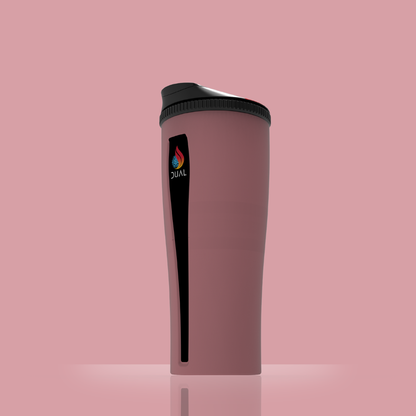 Pink tumbler with a black lid on a pink background