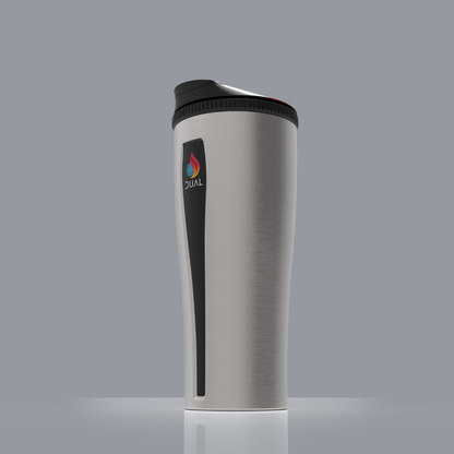Stainless Steel tumbler with black lid on a gray background