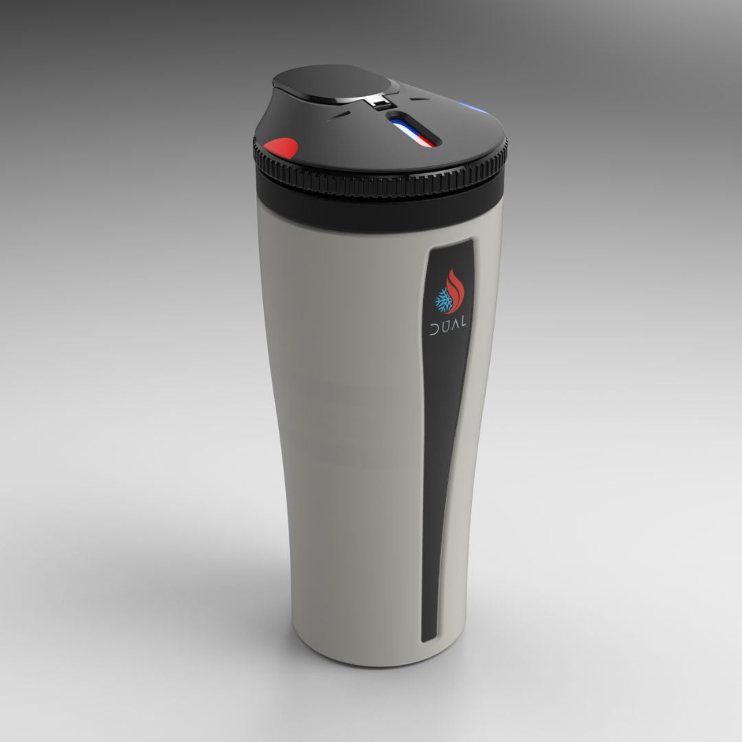 white Dual Thermos. Dual Tumbler in white, featuring a sleek, two-chamber design for hot and cold beverages. Double sided water bottle. Reusable water bottle. Dual cup.