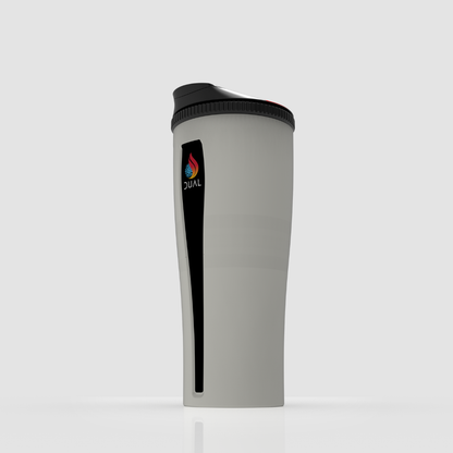 White tumbler with black lid and colorful logo on a white background