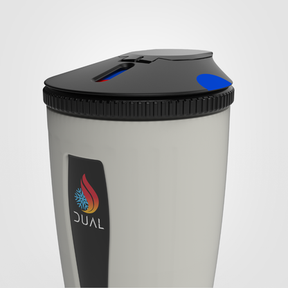 White tumbler with black lid featuring a colorful logo on a white background